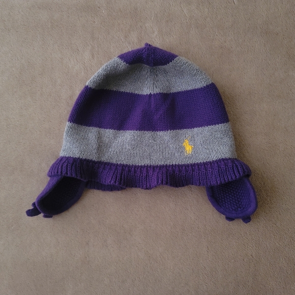Ralph Lauren Girl Purple/Grey Striped Beanie with Ear Flaps Size 2T-4T - Picture 1 of 3